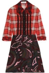 COACH WOMAN RUFFLE-TRIMMED CHECKED FLANNEL AND PRINTED WOOL-BLEND CREPE MINI DRESS RED,GB 5016545970239400