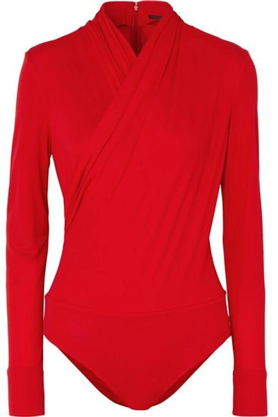 Versace Wrap-effect Crepe Bodysuit In Red