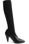 PRADA 90 STRETCH-KNIT AND LEATHER KNEE SOCK BOOTS
