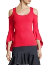 SCRIPTED Ribbed Cold-Shoulder Bell-Sleeve Sweater,0400099279146