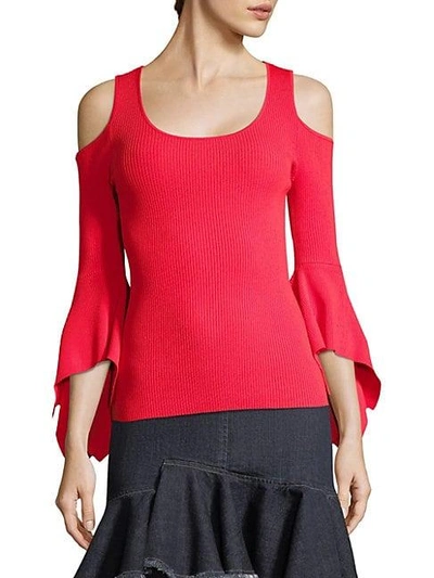 Scripted Ribbed Cold-shoulder Bell-sleeve Sweater In Red
