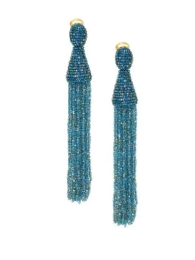 Oscar De La Renta Long Beaded Tassel Clip-on Earrings In Blue