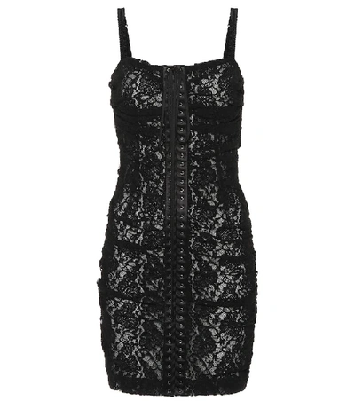 Dolce & Gabbana Lace-up Satin-trimmed Stretch-lace Mini Dress In Multi