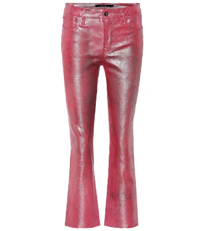 J Brand Selena Metallic Snake-print Leather Kick-flare Pants In Pink