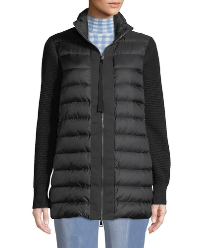 Moncler Maglione Quilted Long Tricot Cardigan Jacket In Black