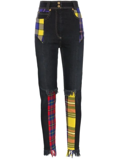 Versace High Waisted Plaid Patch Cotton-blend Jeans In Black