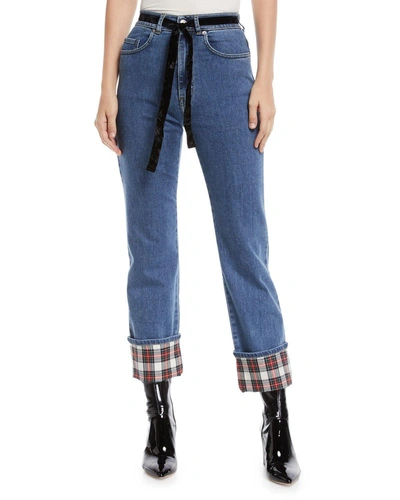Isa Arfen Straight-leg Cropped Jeans With Tartan Details In Denim