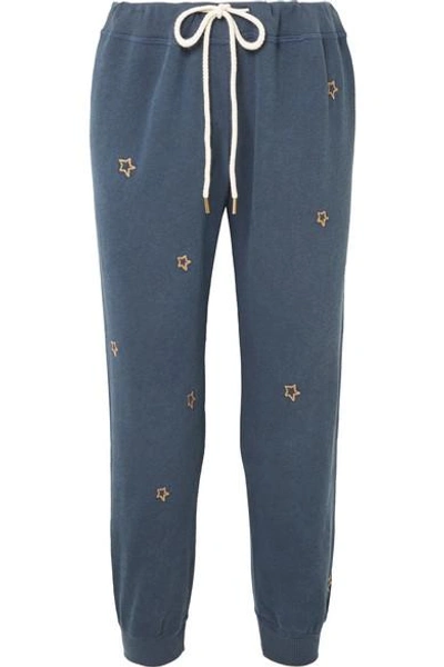 The Great The Cropped Embroidered Cotton-jersey Track Trousers In Navy