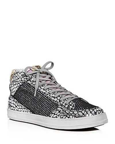 P448 Queens Mid-top Trainers In Croco Leather & Glitter Mesh In Black/ Gold Gloss