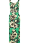 MIU MIU RUCHED FLORAL-PRINT SILK-BLEND CLOQUÉ MIDI DRESS