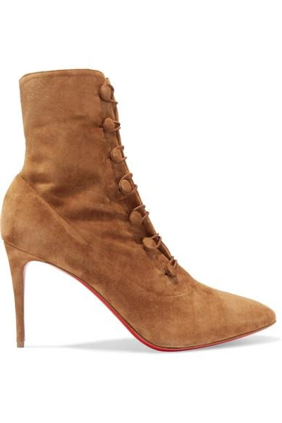 Christian Louboutin French Tutu Button-loop Suede Red Sole Booties, Espresso In Tan