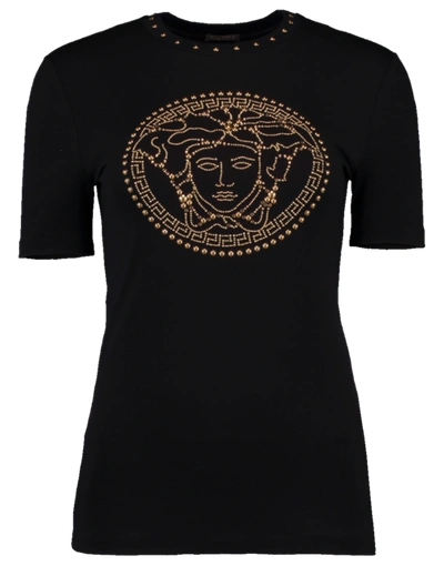 Versace Globe Gold Stud Logo Tee In Black