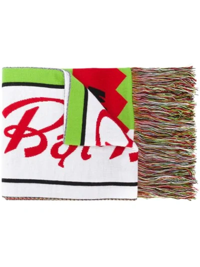 Msgm Green White And Red Scarf With Fringes