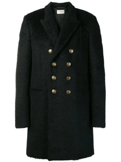 Saint Laurent Double Breasted Brushed Wool Coat In Black