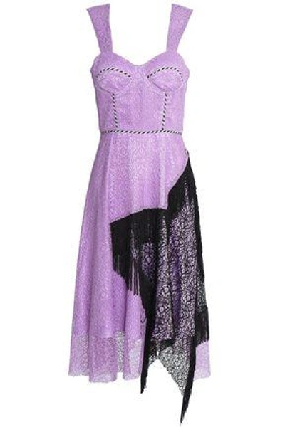 House Of Holland Woman Asymmetric Fringed Two-tone Corded Lace Midi Dress Lavender