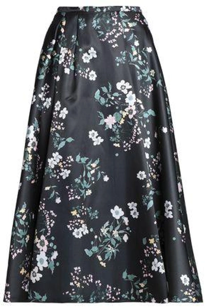 Rochas Woman Floral-print Duchesse Satin Midi Skirt Black