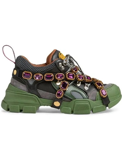 Gucci Flashtrek Embellished Logo-embossed Mesh, Leather And Suede Trainers In Black,green