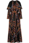 Etro Cape-effect Printed Plissé Silk-chiffon Gown In Black