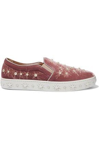 Aquazzura Woman Cosmic Pearls Embellished Velvet Slip-on Trainers Antique Rose