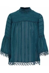 ANNA SUI ANNA SUI WOMAN DAISY CHAIN LACE-TRIMMED EMBROIDERED SILK-CHIFFON BLOUSE TEAL,3074457345618963968