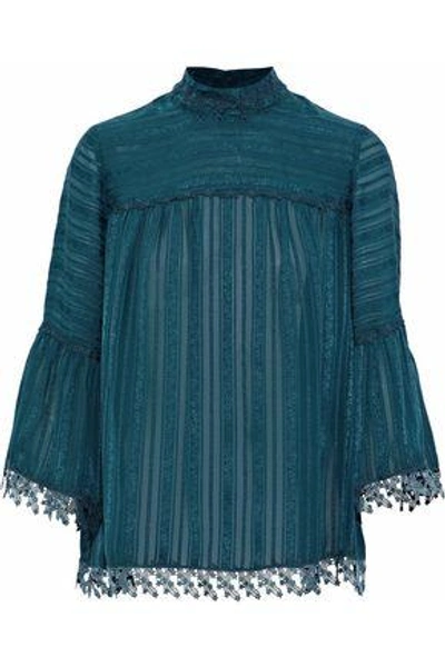 Anna Sui Woman Daisy Chain Lace-trimmed Embroidered Silk-chiffon Blouse Teal