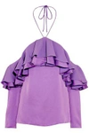 EMILIO PUCCI EMILIO PUCCI WOMAN OFF-THE-SHOULDER RUFFLED SATIN HALTERNECK BLOUSE LAVENDER,3074457345619034638