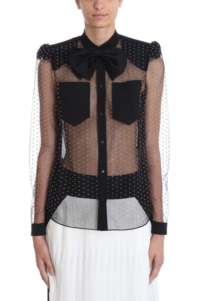 Givenchy Long-sleeve Embroidered Stud Bow-neck Sheer Silk Blouse In Black