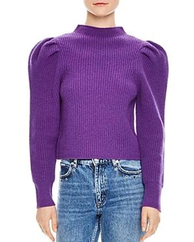 Sandro Hibou Ribbed Oversize-shoulder Wool Sweater In Purple