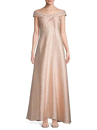 Adrianna Papell Pleated Off-the-shoulder Floor-length Dress In Light Mink