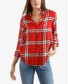 LUCKY BRAND PLAID TAB-SLEEVE SIDE-BUTTON TOP