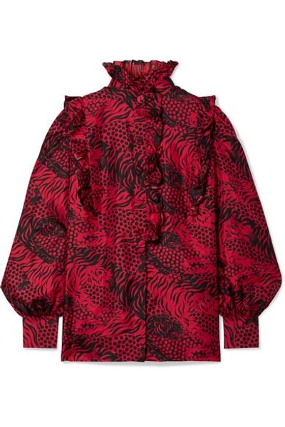 Gucci High-neck Blouson-sleeve Ruffled Tiger-print Silk Twill Blouse In Red
