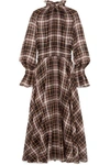 BEAUFILLE SHIRRED CHECKED COTTON AND SILK-BLEND MAXI DRESS