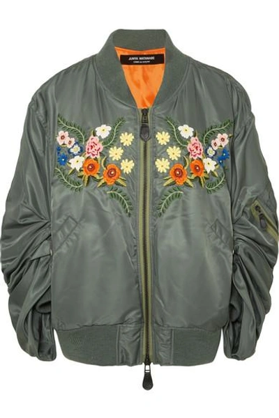 Junya Watanabe Ruched Sleeve Embroidered Floral Bomber Jacket In Sage Green