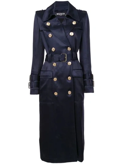 Balmain Double-breasted Woven-twill Trench Coat In Blue