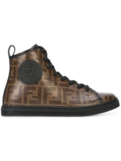 Fendi Monogrammed Leather Hi-top Trainers In Brown