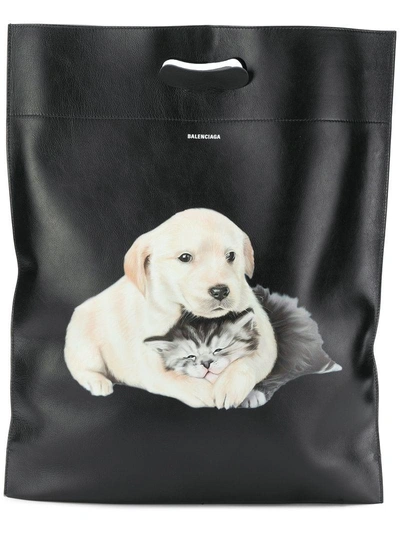 Balenciaga Puppy And Kitten Plastic Bag M Shopper Tote In Black