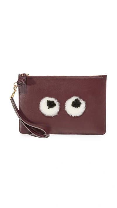 Anya Hindmarch Woman Shearling-appliquéd Leather Pouch Claret