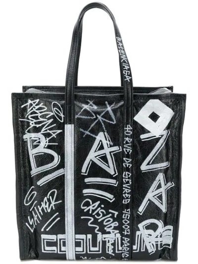 Balenciaga Bazar Graffiti M Shopper Tote In Black
