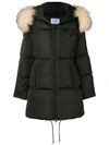 Prada Quilted Nylon Parka Coat W/ Fur Hood Edge, Black
