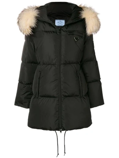 Prada Quilted Nylon Parka Coat W/ Fur Hood Edge, Black