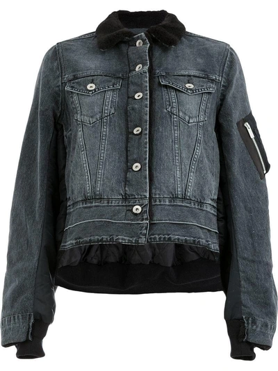Sacai Button-front Nylon-back Faux-shearling Lined Denim Jacket In Black
