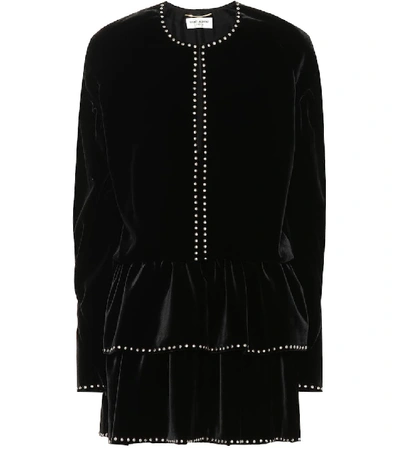 Saint Laurent Studded Ruffled Velvet Mini Dress In Black