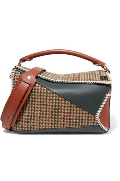 Loewe Puzzle Tweed And Leather Shoulder Bag In Emerald