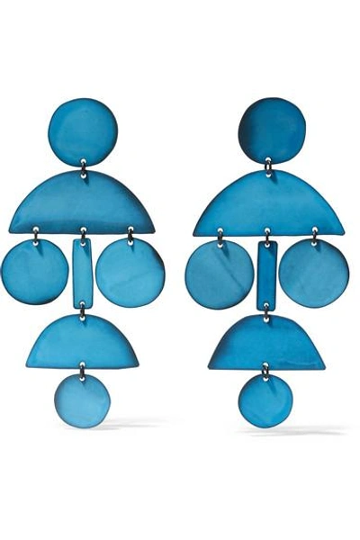 Annie Costello Brown Pom Pom Oxidized Earrings In Blue
