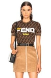 FENDI FENDI FENDI MANIA LOGO PRINT SHORT SLEEVE SWEATER IN ABSTRACT,BLACK,BROWN