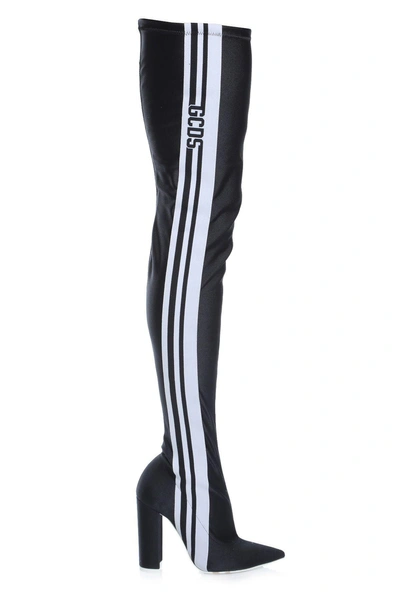 Gcds 110mm Stripe Lycra Thigh High Boots In Nero