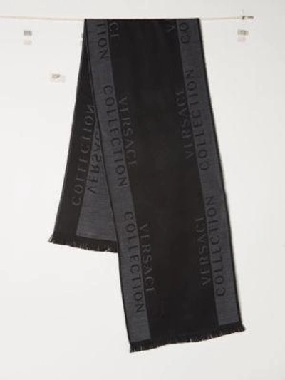Versace Border Print Logo Scarf In Black Grey