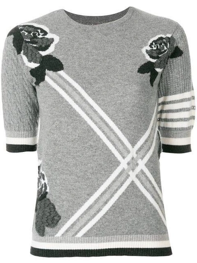 Thom Browne Rose Intarsia Cashmere Tee Shirt In Grey