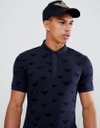 EMPORIO ARMANI SLIM FIT PIQUE POLO SHIRT WITH ALL OVER FLOCKED LOGO IN NAVY - NAVY,6Z1F811JPTZ