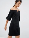 GIRLS ON FILM BARDOT DRESS WITH FRILL SLEEVE DETAIL - BLACK,9256S1A